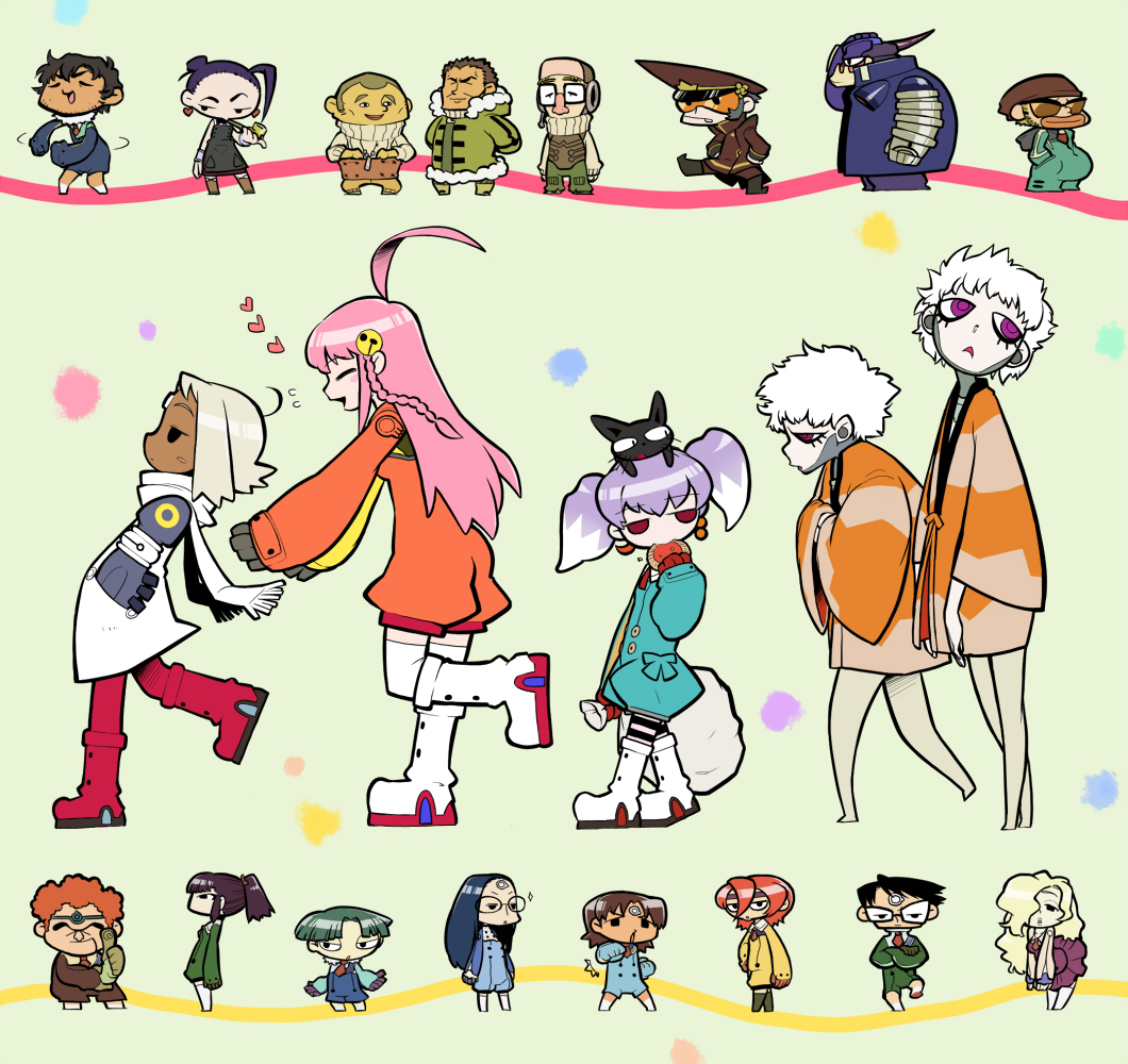 00s 6+boys 6+girls ^^^ ahoge animal animal_on_head bad_id bad_pixiv_id black_cat black_hair blonde_hair blue_hair blush_stickers boots braid brown_hair casio_takashirou cat cat_on_head character_request chibi child circlet citrone_rimone coat crossed_arms dark_skin dix-neuf earrings everyone facial_mark fighting_stance flat_chest flying_sweatdrops food forehead_mark fur_trim glasses gloves gouya_reicy green_hair grey_hair gurka_kuksis hair_ornament hair_over_one_eye hat hatori_(top_o_nerae_2!) headband heart jewelry kartoffel_patata lal&#039;c_mellk_mal long_hair mecha military military_uniform multicolored_hair multiple_boys multiple_girls nichola_vacheron nono_(top_wo_nerae_2!) nyan_nok_cham on_head orange_hair pacica_peska_pelcicum pink_hair plump ponytail punching purple_eyes purple_hair pushing red_eyes red_hair robot roy_anyan ruu_soon sack scarf serpentine_shimai_(ane) serpentine_shimai_(imouto) short_hair short_twintails siblings sideburns sisters striped_legwear sunglasses thighhighs thumbs_up top_wo_nerae!_(series) top_wo_nerae_2! triangle_mouth twins twintails two-tone_hair tycho_science ume_(noraneko) walking white_hair