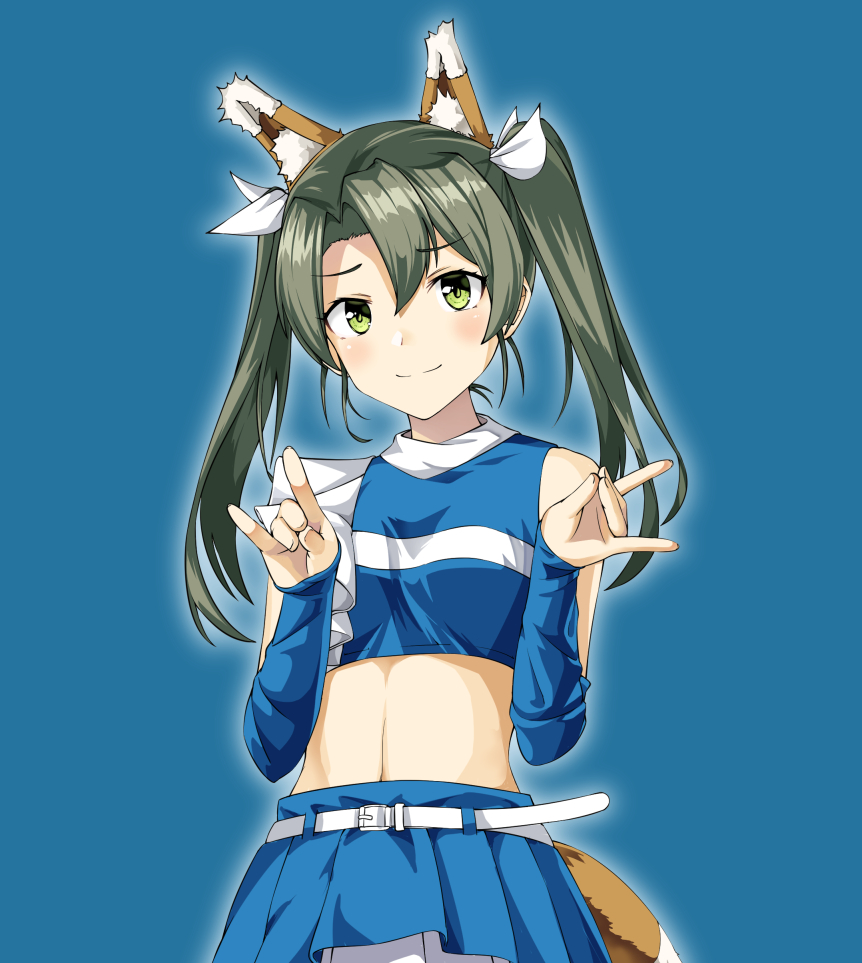 1girl animal_ears belt blue_background blue_skirt breasts crop_top dark_green_hair detached_sleeves fake_animal_ears fake_tail fox_ears fox_tail green_eyes hair_ribbon hokkaido_nippon-ham_fighters kantai_collection long_hair looking_at_viewer m/ midriff monsuu_(hoffman) navel nippon_professional_baseball ribbon simple_background skirt small_breasts smile solo tail twintails upper_body white_belt white_ribbon zuikaku_(cheerleader)_(kancolle) zuikaku_(kancolle)