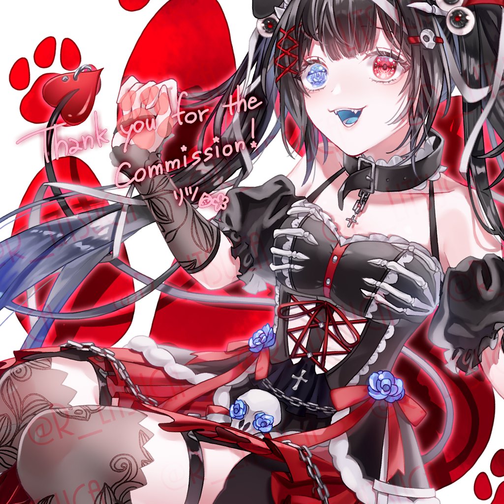 1girl black_dress black_hair blue_eyes blue_tongue collar colored_tongue commentary commission dress english_commentary english_text fangs heterochromia indie_virtual_youtuber mion_akuma off_shoulder red_eyes ritsu_(r_litsuca) skeb_commission solo thighhighs virtual_youtuber