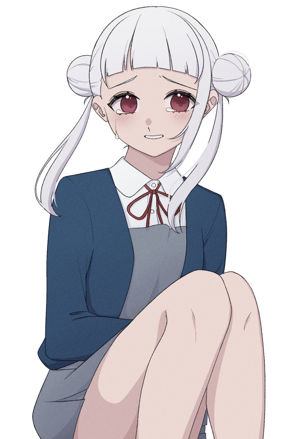 1girl 3se3es3 arashi_chisato arched_bangs blue_jacket blunt_bangs blush collared_shirt crying crying_with_eyes_open double_bun dress dress_shirt feet_out_of_frame grey_dress hair_bun highres jacket long_sleeves looking_at_viewer looking_to_the_side love_live! love_live!_superstar!! neck_ribbon open_clothes open_jacket pinafore_dress raised_inner_eyebrows red_eyes red_ribbon ribbon school_uniform shirt short_dress simple_background sitting sleeveless sleeveless_dress solo streaming_tears tearing_up tears twintails white_background white_hair white_shirt winter_uniform yuigaoka_school_uniform