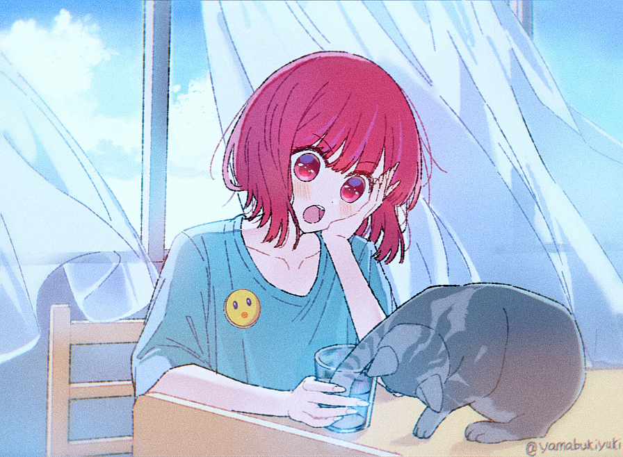 1girl arima_kana blue_shirt blush bob_cut chair chromatic_aberration cloud collarbone commentary_request cup curtains film_grain floating_curtains head_rest no_pupils open_mouth oshi_no_ko pieyon red_eyes red_hair see-through_curtains shirt short_hair short_sleeves sitting solo teeth twitter_username upper_teeth_only window yamabukiyuki