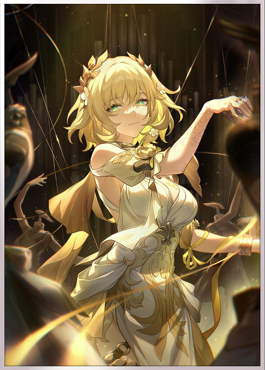 1girl aglaea_(honkai:_star_rail) blonde_hair border bracelet breasts bright_pupils cleavage clothing_cutout cowboy_shot dress flower green_eyes hair_flower hair_ornament highres honkai:_star_rail honkai_(series) instrument jewelry laurel_crown light_particles looking_at_viewer mannequin nail_polish official_art organ_(instrument) pipe_organ ring short_hair shoulder_cutout side_slit smile solo standing third-party_source thread white_border white_dress white_pupils