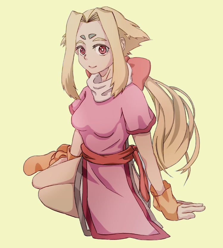 1girl blonde_hair boots bow breasts dress facial_mark female_focus fingerless_gloves fiona_(zoids) forehead_mark full_body gloves hair_bow long_hair looking_at_viewer orange_boots orange_gloves pink_bow pink_dress red_eyes reppu-kun short_sleeves simple_background sitting small_breasts smile yellow_background zoids