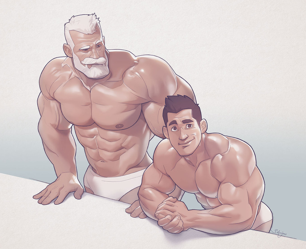 2boys abs bara beard biceps black_eyes black_hair broad_shoulders connected_beard facial_hair full_beard looking_at_viewer male_swimwear mature_male multiple_boys muscular muscular_male nipples old old_man original own_hands_together pectorals poolside raised_eyebrow short_hair signature silverjow swim_briefs ulric_(silverjow) wei_(silverjow) white_hair white_male_swimwear