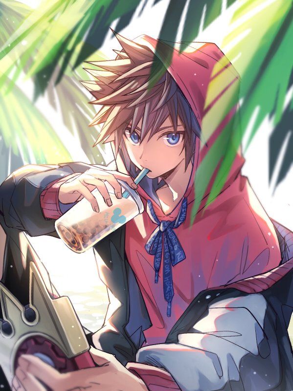 1boy blue_eyes brown_hair bubble_tea crown_(symbol) cup disposable_cup drinking drinking_straw drinking_straw_in_mouth hair_between_eyes holding holding_cup hood hood_up hoodie jacket jacket_partially_removed kingdom_hearts long_sleeves looking_at_viewer male_focus mickey palm_leaf palm_tree red_hoodie selfie short_hair solo sora_(kingdom_hearts) spiked_hair tree upper_body water yurichi_(artist)