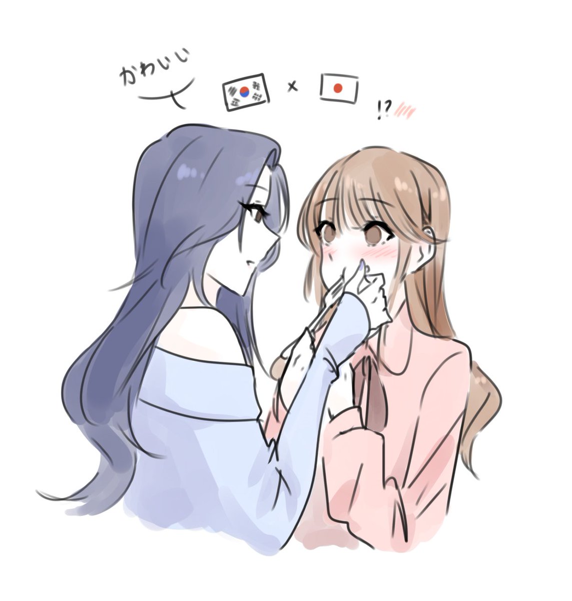 !? 2girls black_hair blouse blush brown_eyes brown_hair female_focus fork hand_on_another&#039;s_face highres japan-korea_yuri_(meme) japanese_flag long_hair multiple_girls saint_udon shirt south_korean_flag white_background yuri