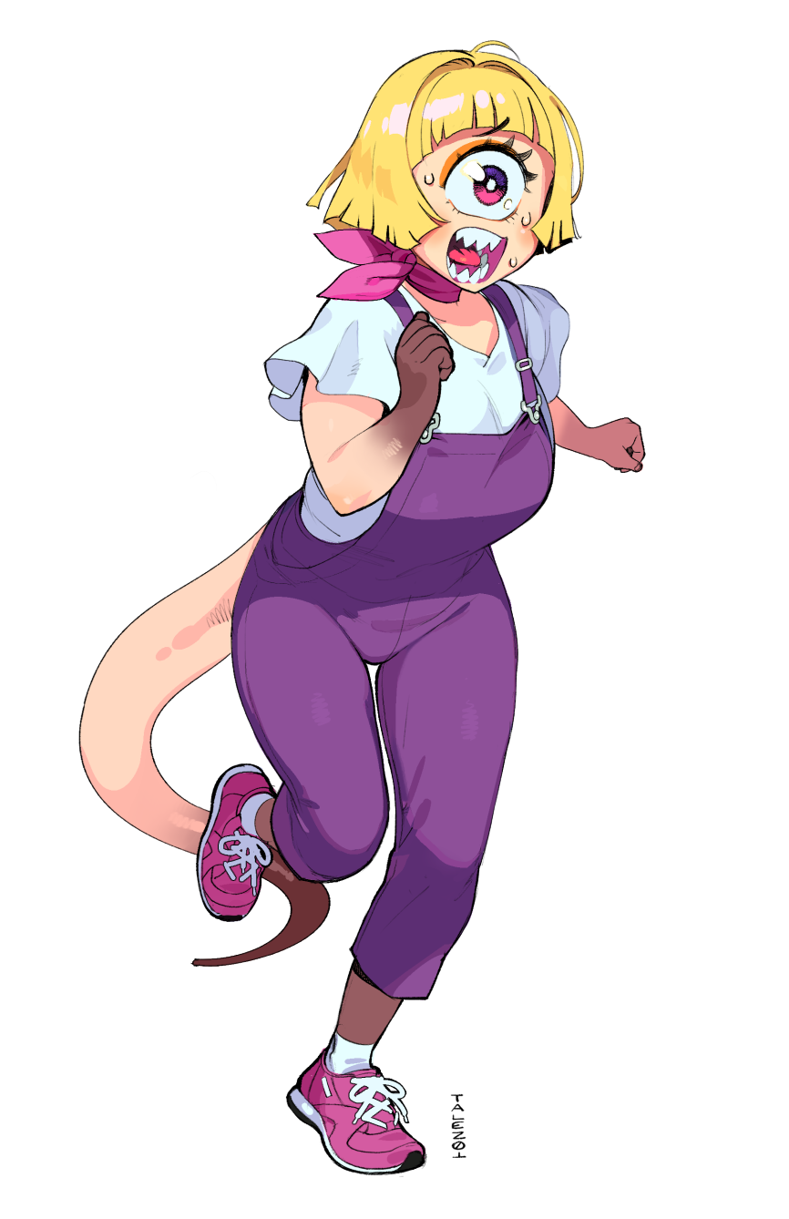 1girl ahoge artist_name blonde_hair colored_skin commission conto cyclops hair_intakes highres multicolored_skin one-eyed open_mouth original overalls pink_scarf pink_shoes purple_eyes purple_overalls running scarf sharp_teeth shirt shoes short_hair short_sleeves simple_background skin-covered_tail sneakers socks solo standing standing_on_one_leg sweat teeth tongue twintails white_background white_shirt white_socks