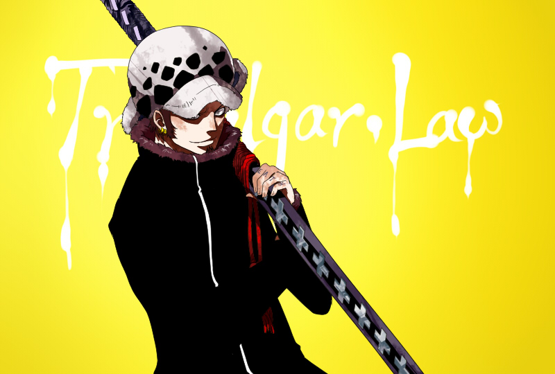1boy black_hair character_name chinese_commentary closed_mouth commentary earrings eilinna english_commentary facial_hair finger_tattoo fur_hat goatee hat hat_over_one_eye holding holding_sword holding_weapon jewelry long_sleeves male_focus mixed-language_commentary one_piece short_hair sideburns simple_background smile solo sword tattoo trafalgar_law weapon yellow_background