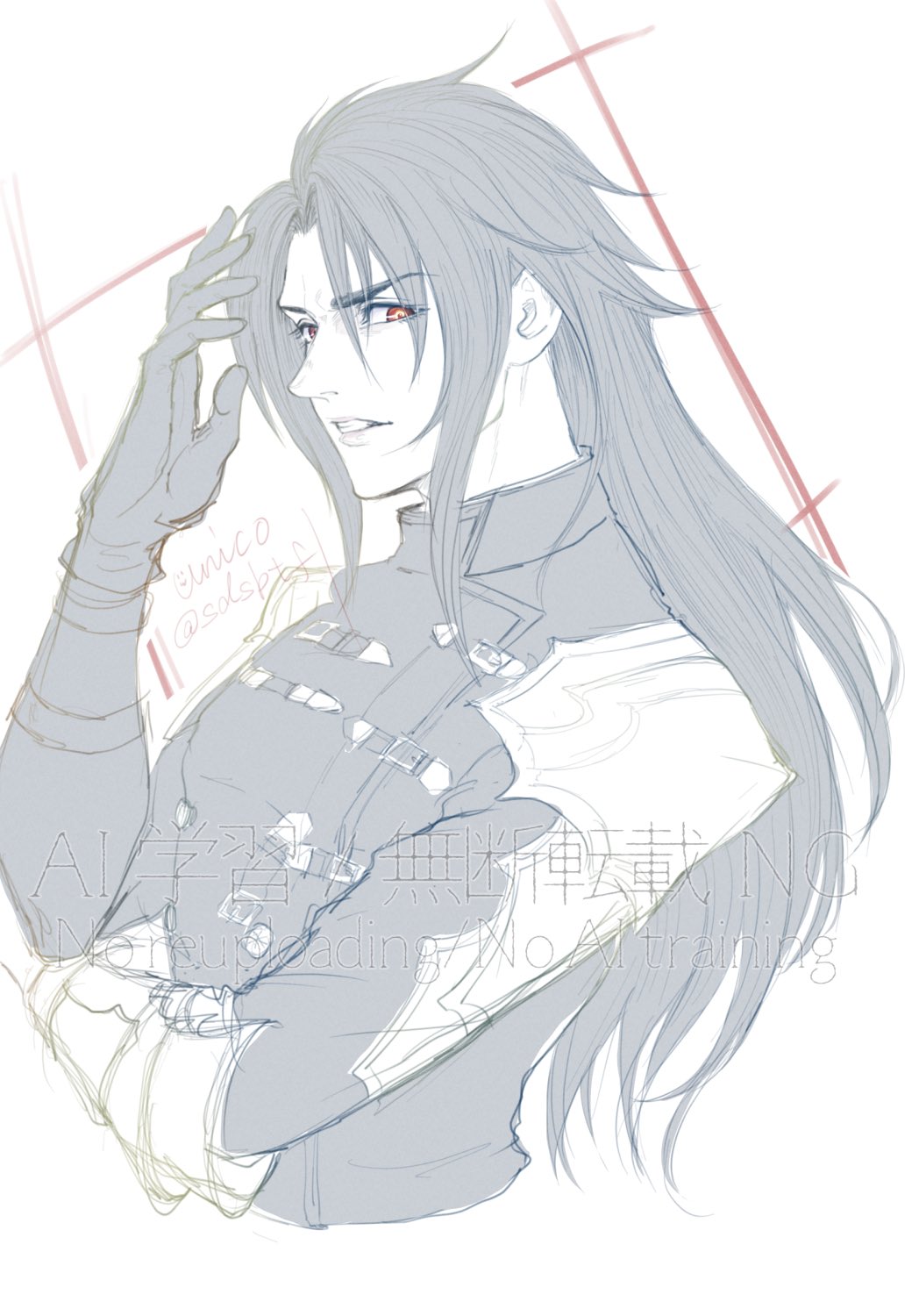 1boy armor black_gloves black_hair black_jacket clenched_teeth cropped_torso crossed_arms final_fantasy final_fantasy_vii final_fantasy_vii_rebirth final_fantasy_vii_remake gloves hair_between_eyes highres jacket long_hair male_focus parted_lips red_eyes sdsbtfl shoulder_armor sketch solo teeth twitter_username upper_body vincent_valentine white_background