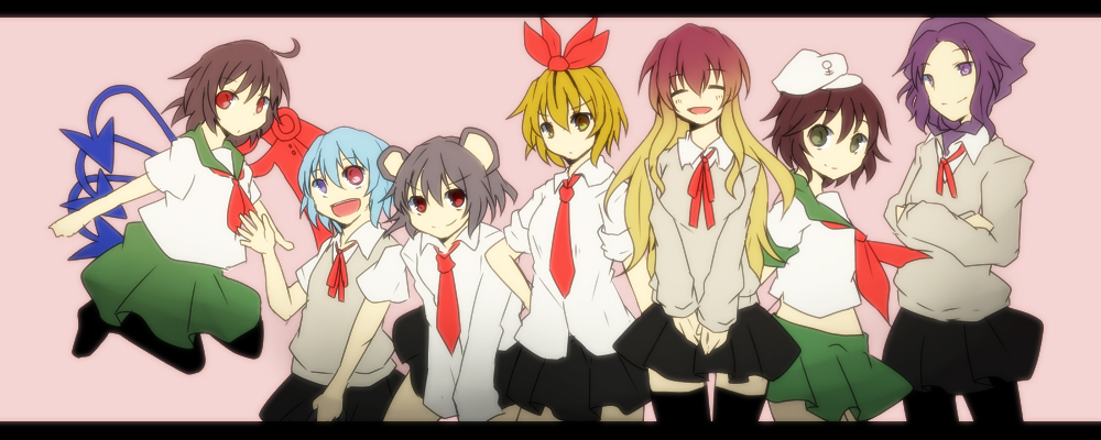 6+girls alternate_costume animal_ears bad_id bad_pixiv_id black_hair blazer blonde_hair blue_hair closed_eyes crossed_arms dress_shirt female_focus gradient_hair green_eyes grey_hair hair_ornament happy heterochromia hijiri_byakuren houjuu_nue jacket kumoi_ichirin letterboxed long_hair mouse_ears multicolored_hair multiple_girls murasa_minamitsu nazrin pasutel purple_eyes purple_hair red_eyes school_uniform serafuku shirt short_hair simple_background smile sweater tatara_kogasa thighhighs toramaru_shou touhou undefined_fantastic_object yellow_eyes zettai_ryouiki