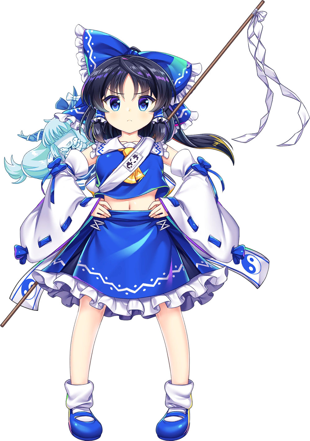 2girls aged_down alternate_color ascot black_hair blue_bow blue_eyes blue_shoes blue_skirt bow character_name child closed_mouth frilled_bow frilled_hair_tubes frilled_skirt frills game_cg gohei grin hair_bow hair_tubes hakurei_reimu hakurei_reimu_(god-summoning_shaman) hands_on_own_hips highres horns ibuki_suika long_hair looking_at_viewer mary_janes multiple_girls navel official_art rotte_(1109) shoes skirt skirt_set smile socks third-party_source touhou touhou_lostword transparent_background white_socks yellow_ascot