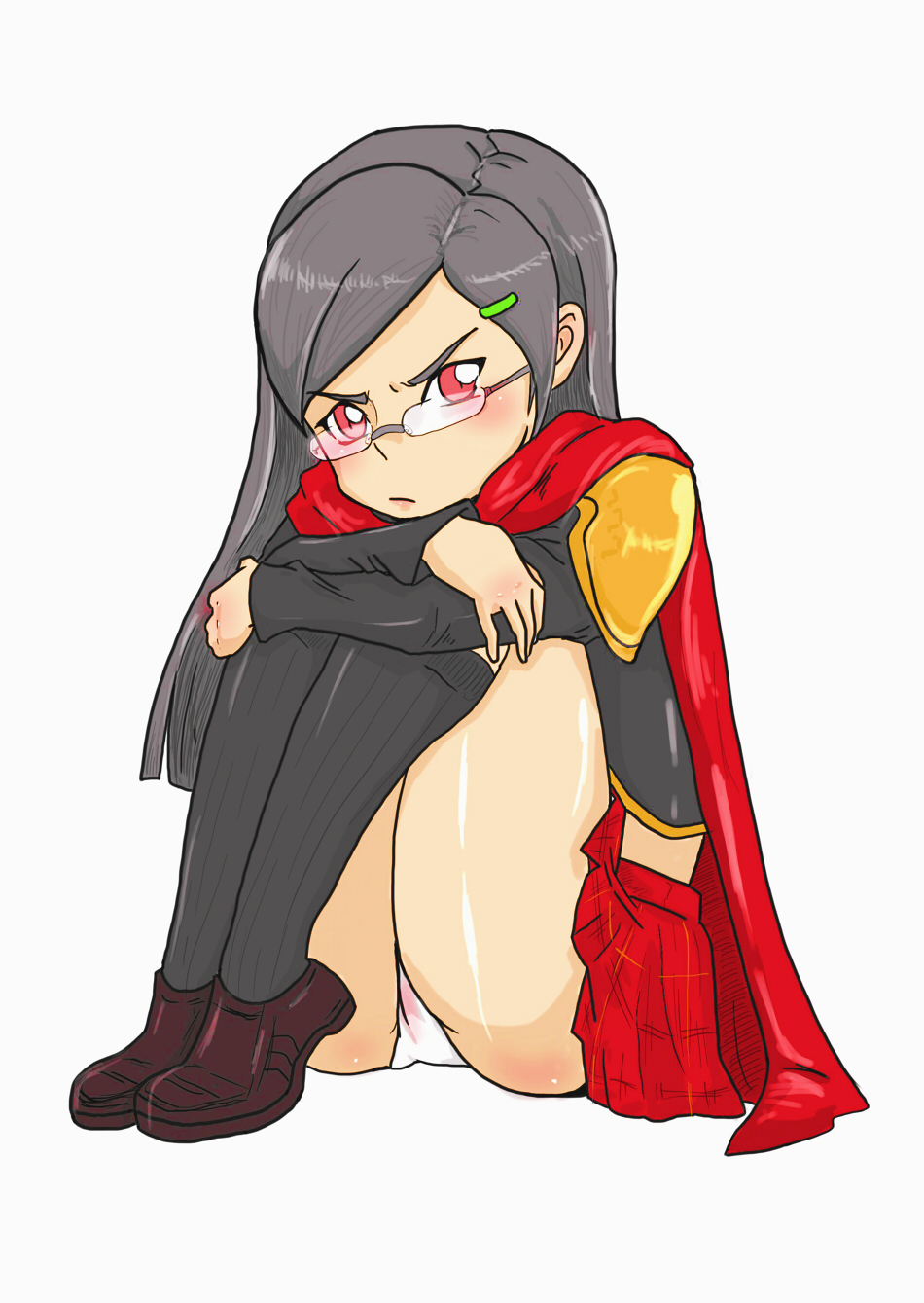 1girl angry annoyed artist_request ass black_hair blush cape cranky female_focus final_fantasy final_fantasy_type-0 glasses hair_ornament hairclip highres hugging_own_legs legs long_hair looking_at_viewer miniskirt panties pink_eyes pout queen_(fft-0) shiny_skin simple_background sitting skirt solo underwear