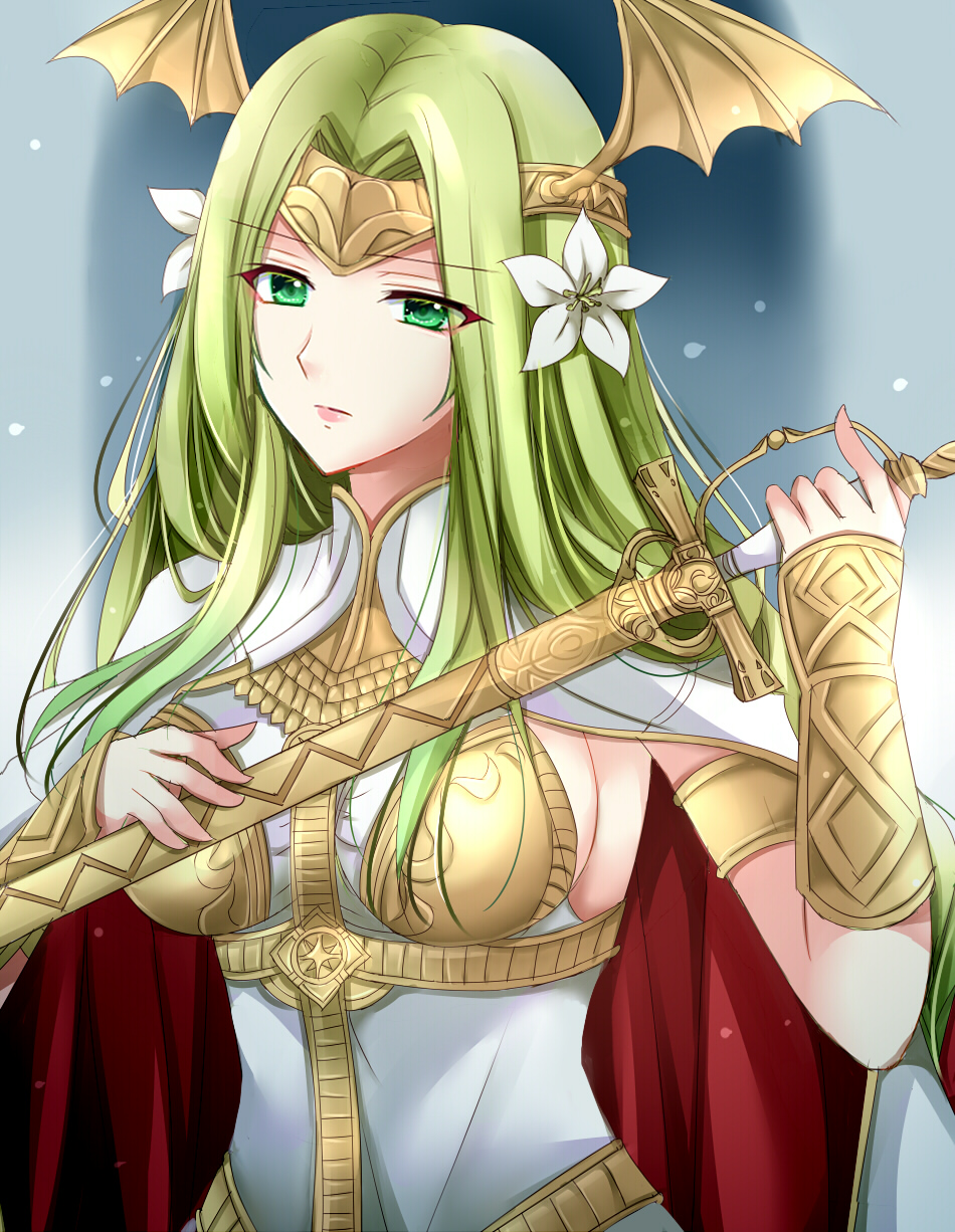 1girl breasts brown_wings cloak closed_mouth dress fire_emblem fire_emblem:_three_houses flower green_eyes green_hair hair_flower hair_ornament hands_up head_wings headpiece highres holding holding_sword holding_weapon kirishima_riona long_hair looking_at_viewer medium_breasts nintendo seiros_(fire_emblem) sideboob solo sword upper_body vambraces weapon white_cloak white_dress white_flower wings