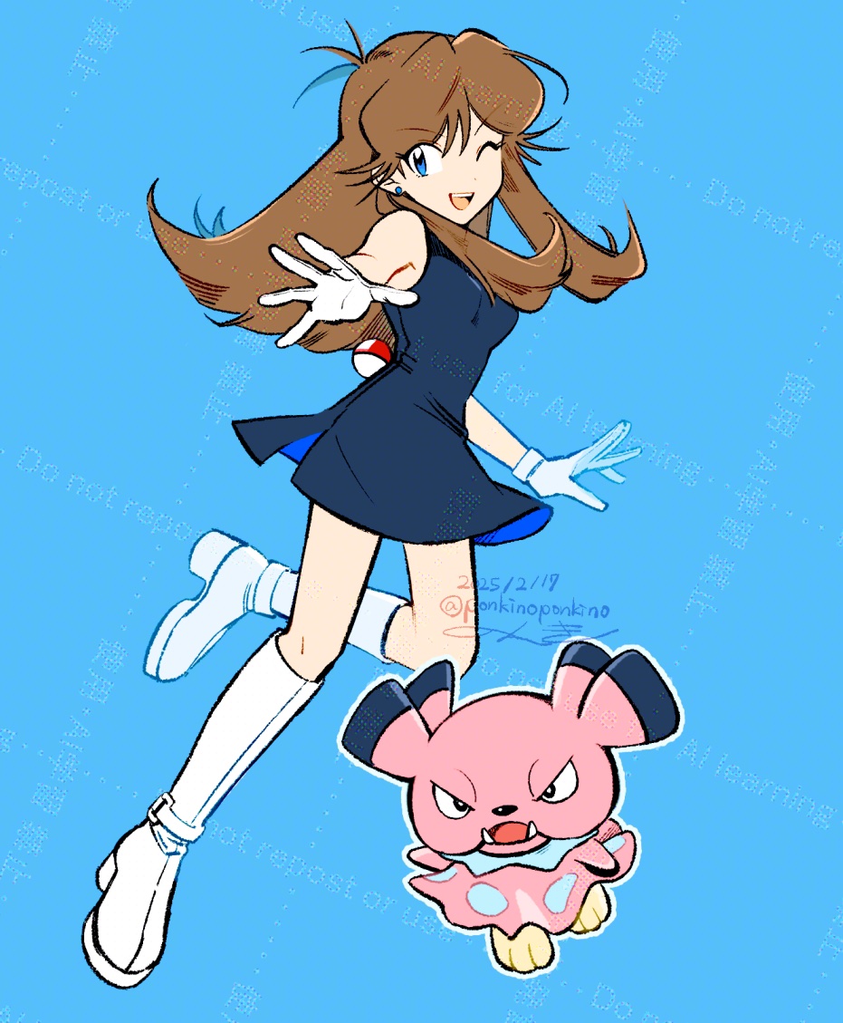 1girl :d black_dress blue_background blue_eyes brown_hair closed_mouth creatures_(company) dog dress full_body game_freak gen_2_pokemon gloves green_(pokemon) heart nintendo one_eye_closed open_mouth pokemon pokemon_adventures ponkinoponkino sandals smile snubbull twitter_username white_gloves