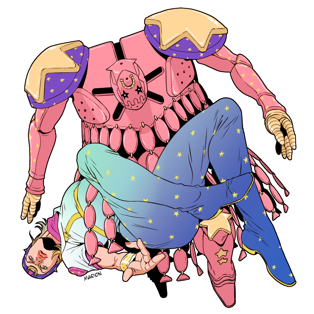 1boy artist_name blonde_hair blue_eyes full_body hat horseshoe johnny_joestar jojo_no_kimyou_na_bouken jojo_pose male_focus marion-ville signature solo stand_(jojo) star_(symbol) star_print steel_ball_run tusk_(stand) tusk_act4 wristband