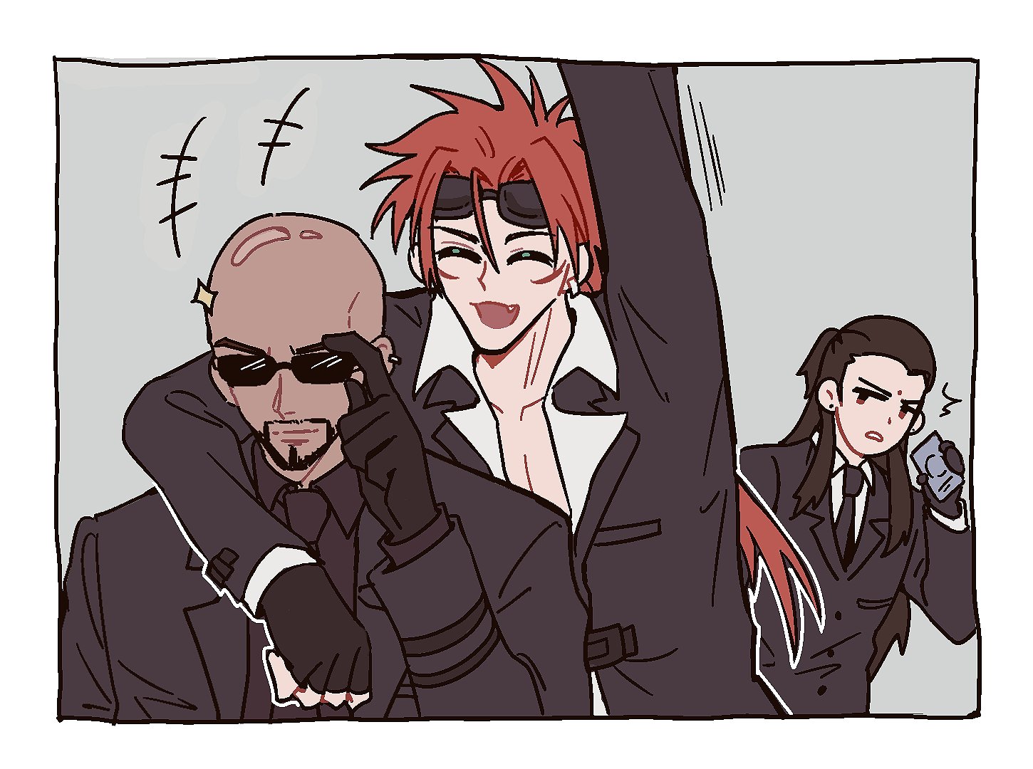 3boys adjusting_eyewear arm_around_neck arm_up bald batphone1939 bindi black_gloves black_hair black_jacket black_necktie black_shirt black_suit border brown_eyes closed_eyes collared_shirt earrings facial_hair facial_mark final_fantasy final_fantasy_vii fingerless_gloves formal_clothes gloves goatee goggles goggles_on_head grey_background hair_pulled_back holding holding_phone jacket jewelry low_ponytail male_focus multiple_boys necktie open_mouth parted_lips phone ponytail red_hair reno_(ff7) rude_(ff7) shirt short_hair_with_long_locks sketch smile spiked_hair suit suit_jacket sunglasses tan tseng white_border white_shirt