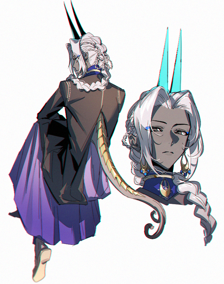 1boy alternate_hairstyle arjuna_(fate) arjuna_alter_(fate) arjuna_alter_(festival_outfit)_(fate) braid chromatic_aberration dark-skinned_male dark_skin earrings fate/grand_order fate_(series) from_behind jewelry long_hair long_sleeves maka_(mksrw) male_focus parted_bangs sitting skirt solo tail white_hair