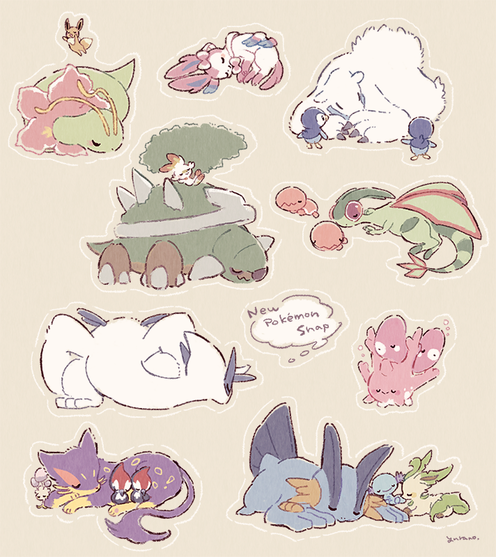 beartic brown_background corsola eevee flygon gen_1_pokemon gen_2_pokemon gen_3_pokemon gen_4_pokemon gen_5_pokemon gen_6_pokemon gen_7_pokemon gen_8_pokemon leafeon liepard luvdisc meganium morelull nintendo no_humans pikipek pink_fur piplup pokemon pokemon_(creature) purple_fur scorbunny signature simple_background sleeping speech_bubble swampert sylveon thought_bubble torterra trapinch two-tone_fur white_fur wooper yurano_(upao)