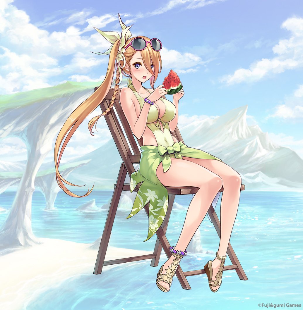 1girl :o anklet blonde_hair blue_eyes blurry blurry_background braid breasts eyewear_on_head food fruit full_body green_one-piece_swimsuit hair_behind_ear jewelry large_breasts long_hair no_socks official_art on_chair one-piece_swimsuit phantom_of_the_kill sandals shinobi_nightmare sitting solo sunglasses swimsuit thighs watermelon yuri_(shinobi_nightmare)