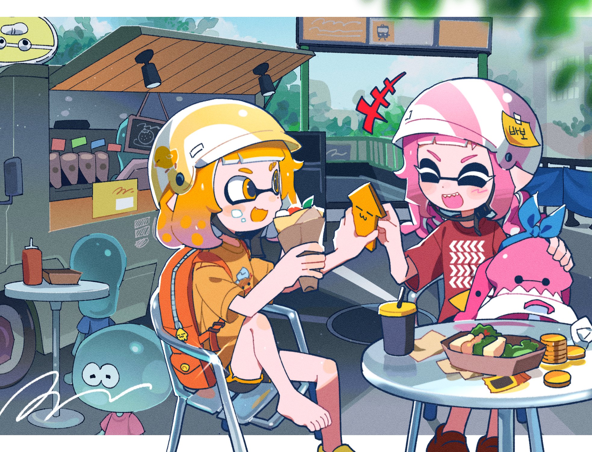 +++ 2girls ^_^ backpack bag bag_charm barefoot black_shorts chair charm_(object) chin_strap closed_eyes coin colored_tongue commentary_request crepe cup disposable_cup dolphin_shorts drinking_straw eating fang film_grain food food_on_face food_truck gradient_hair helmet hg_swdiary highres holding holding_crepe holding_food holding_phone holding_stuffed_toy inkling inkling_girl inkling_player_character jellyfish_(splatoon) korean_commentary letterboxed low_twintails medium_hair multicolored_hair multiple_girls nintendo on_chair open_mouth orange_eyes orange_hair orange_shirt orange_tongue outdoors phone pink_hair pink_helmet pointy_ears purple_hair red_bag red_shirt sandwiched sharp_teeth shirt short_hair short_sleeves shorts sitting splatoon_(series) sticky_note stuffed_squid stuffed_toy table taped_note teeth tentacle_hair ticket twintails two-tone_hair yellow_helmet