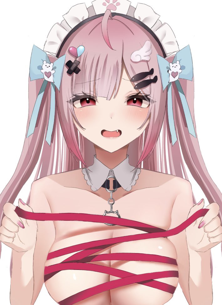 1girl ahoge black_choker blush bow breasts cat_choker choker cleavage closed_mouth collarbone fang fingernails fish_hair_ornament ghost_hair_ornament hair_bow hair_ornament hairclip heart heart_hair_ornament holding holding_ribbon indie_virtual_youtuber large_breasts long_hair looking_at_viewer maid_headdress nail_polish naked_ribbon nude nyuubara o-ring o-ring_choker paw_print pink_eyes pink_hair pink_nails pink_ribbon ribbon simple_background smile solo two_side_up virtual_youtuber white_background wing_hair_ornament yuuki_sakuna
