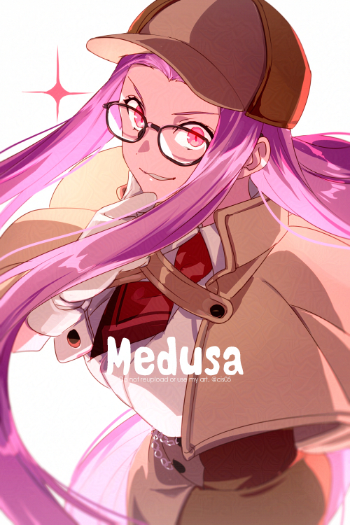 1girl adversarial_noise breasts brown_capelet capelet character_name deerstalker detective echo_(circa) fate/grand_order fate_(series) forehead glasses gloves grin hat large_breasts long_hair looking_at_viewer medusa_(fate) medusa_(rider)_(fate) medusa_(those_eyes_let_none_get_away)_(fate) parted_bangs purple_eyes purple_hair sidelocks smile solo very_long_hair white_gloves