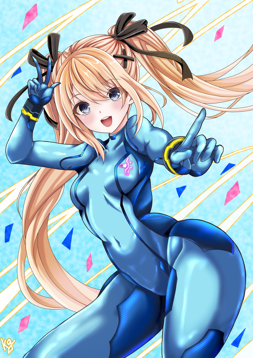 1girl artist_request black_ribbon blonde_hair blue_background breasts cosplay dead_or_alive female_focus hair_ribbon highres lips looking_at_viewer marie_rose metroid nintendo open_mouth ribbon samus_aran samus_aran_(cosplay) small_breasts smile solo teeth twintails upper_teeth_only v zero_suit