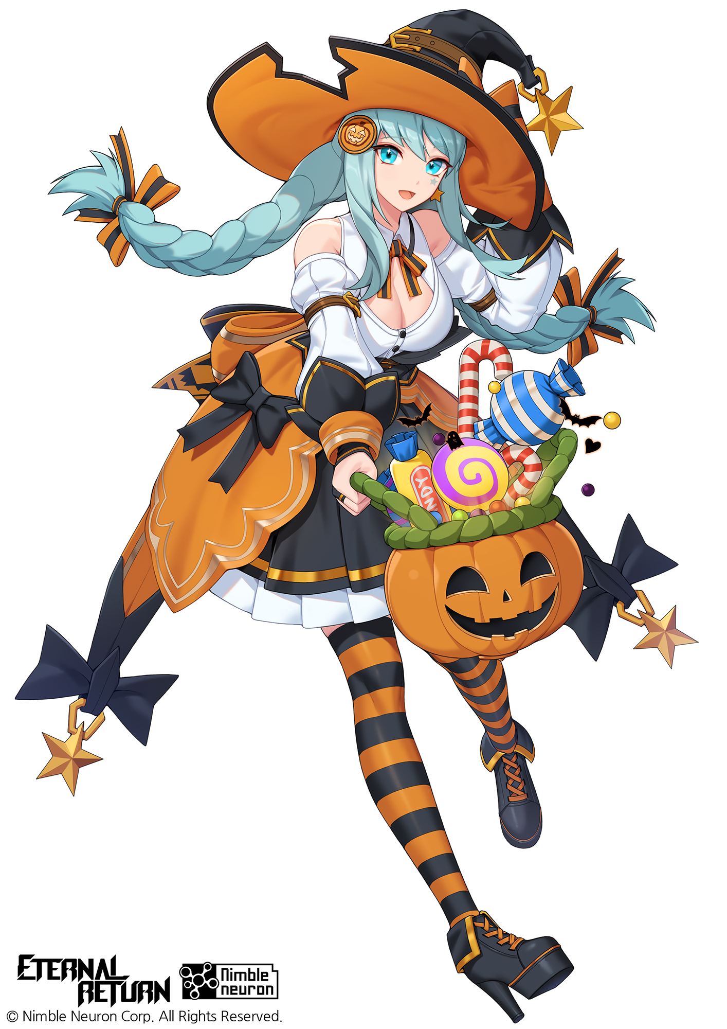 1girl aqua_hair bare_shoulders black_boots black_skirt black_survival blue_eyes boots braid breasts c.honey candy candy_cane cleavage detached_sleeves emma_hardy eternal_return:_black_survival food halloween_bucket halloween_costume hat high_heel_boots high_heels highres jack-o'-lantern juliet_sleeves large_breasts lollipop long_hair long_sleeves looking_at_viewer official_art open_mouth pleated_skirt puffy_sleeves shirt simple_background skirt smile solo striped_clothes striped_thighhighs swirl_lollipop tachi-e thighhighs twin_braids twintails white_background white_shirt witch_hat