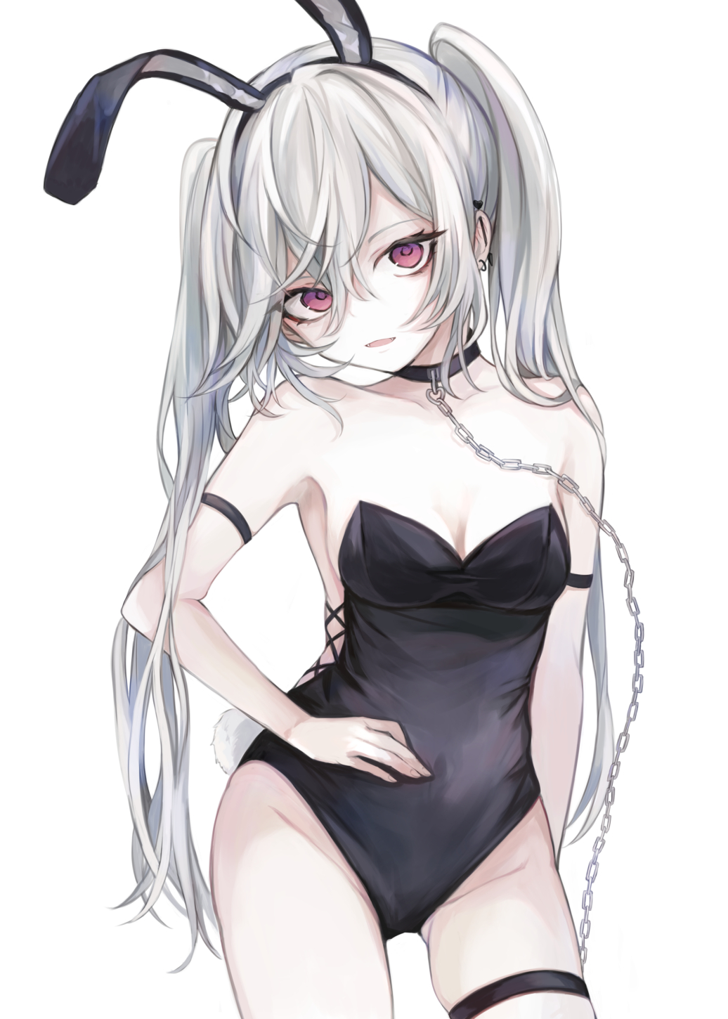 1girl animal_ears black_choker black_hairband breasts chain chain_leash choker cleavage collarbone commentary_request fake_animal_ears grey_hair groin hair_between_eyes hairband hasunokaeru highres leash leotard long_hair looking_at_viewer medium_breasts original parted_lips playboy_bunny rabbit_ears rabbit_tail red_eyes simple_background skindentation smile solo strapless strapless_leotard tail thigh_strap twintails very_long_hair white_background
