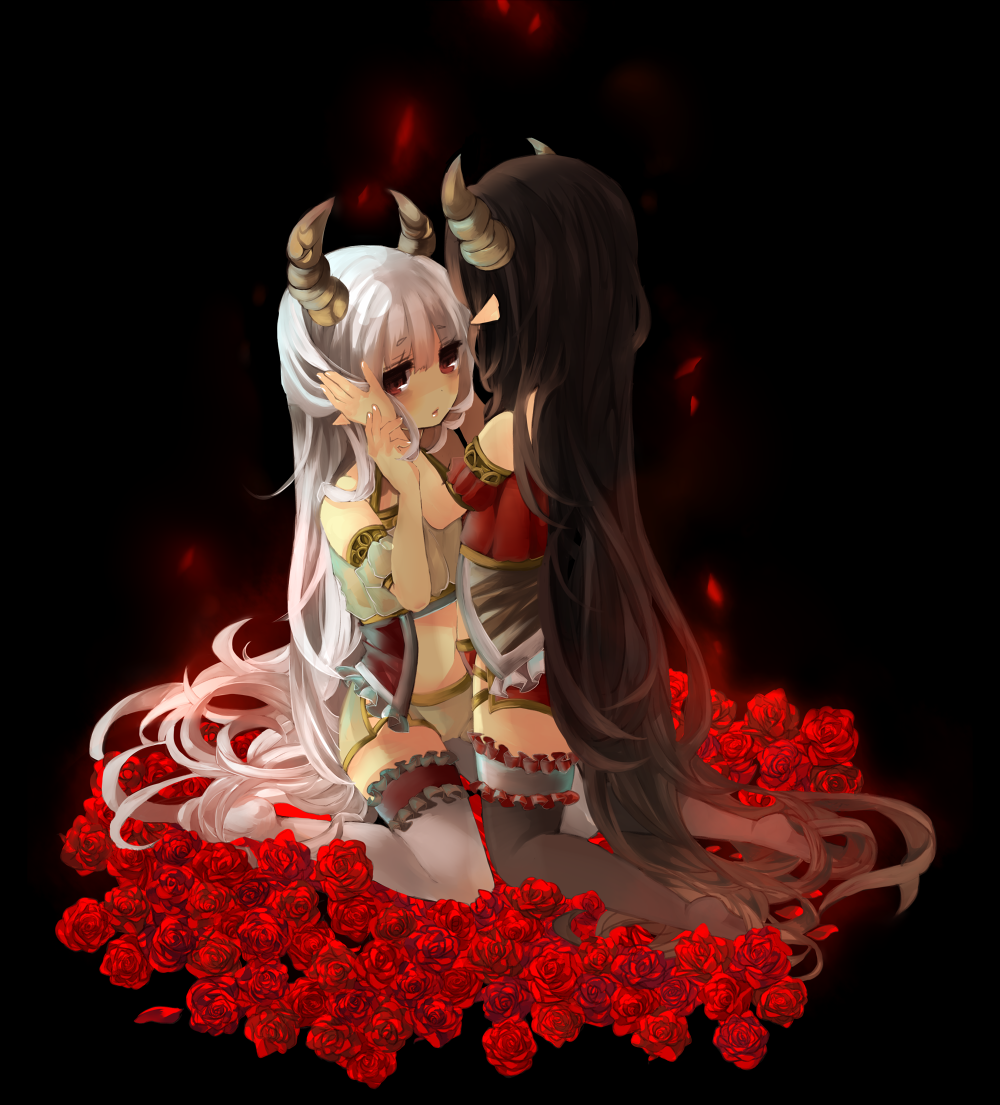 2girls bed_of_roses black_hair black_legwear blush flower horns kneeling long_hair multiple_girls original petals pointy_ears red_eyes rose rose_petals shikino_yuki thighhighs very_long_hair white_hair white_legwear