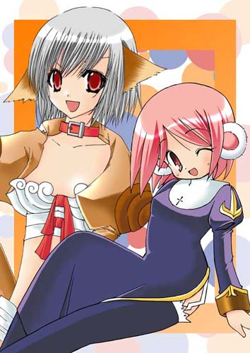 2000s_(style) 2girls animal_ears bad_id black_thighhighs bow bow_bra bra brown_eyes brown_jacket cat_ears commentary_request cross dated_commentary dress fake_animal_ears feet_out_of_frame garter_straps grey_hair jacket juliet_sleeves long_sleeves looking_at_viewer lowres multiple_girls one_eye_closed open_mouth orange_background pink_hair priest_(ragnarok_online) puffy_sleeves purple_dress ragnarok_online red_bow red_eyes short_hair shrug_(clothing) side_slit smile sou_ryuu thief_(ragnarok_online) thighhighs underwear white_bra