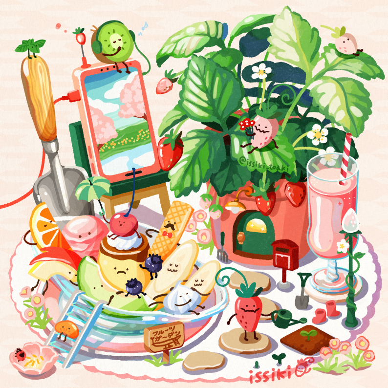 :3 apple artist_name banana blueberry bug cake cherry closed_eyes cloud cream cup drinking_glass drinking_straw flower food food_focus fork fruit glass ice_cream issiki_toaki kiwi_(fruit) leaf no_humans orange_(fruit) orange_slice original pancake parfait picture_frame pink_flower plant plate potted_plant raspberry refrigerator simple_background sleeping spoon strawberry whipped_cream white_flower