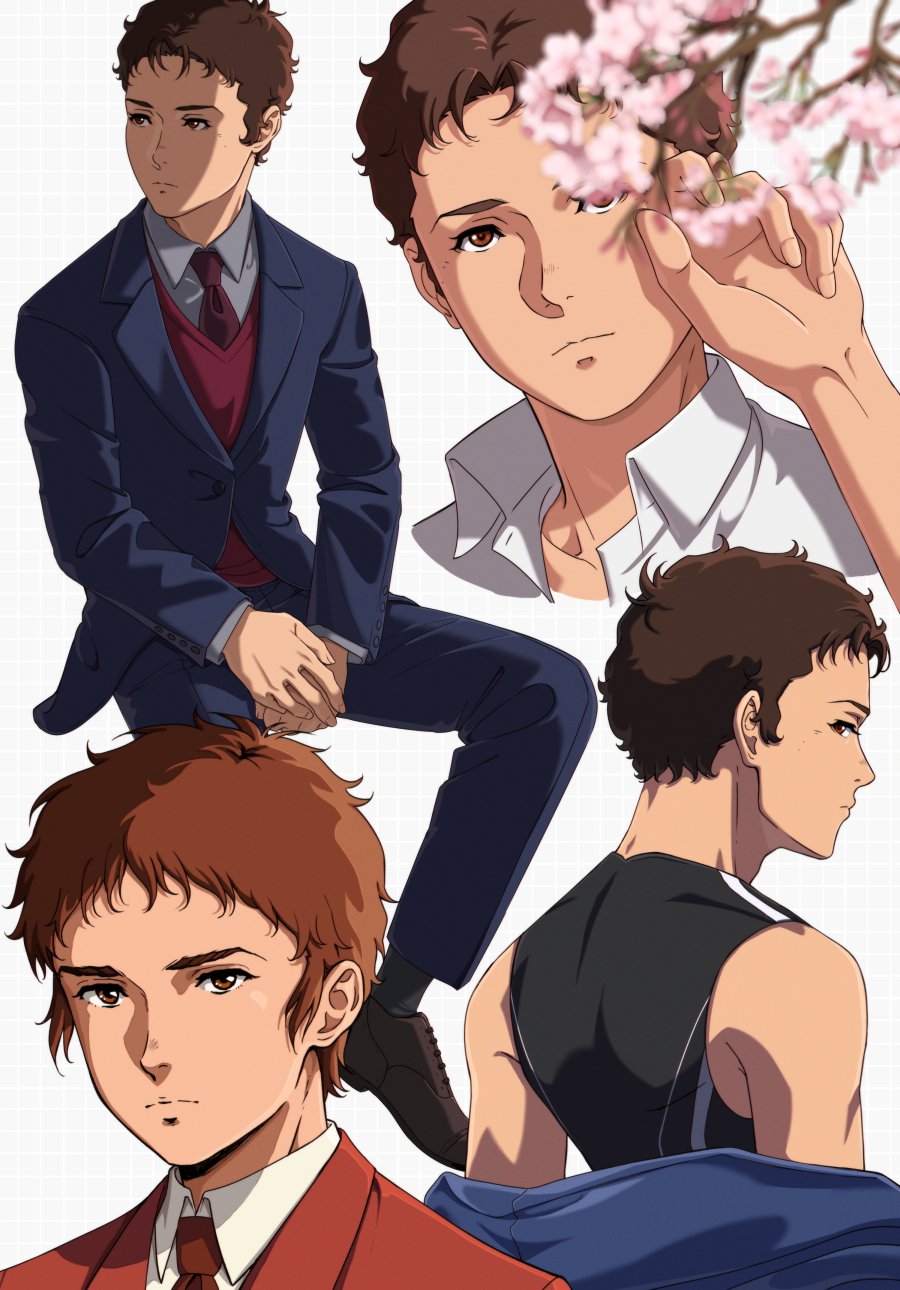 1boy between_legs black_tank_top blue_jacket blue_pants blue_suit branch brown_eyes brown_hair brown_shoes cherry_blossoms closed_mouth collarbone collared_shirt dress_shoes enelous expressionless formal_clothes gundam gundam_hathaway&#039;s_flash hand_between_legs hathaway_noa highres jacket male_focus multiple_views necktie orange_jacket own_hands_together pants red_necktie red_sweater shirt shoes short_hair sideways_glance suit suit_jacket sweater tank_top very_short_hair white_background white_shirt