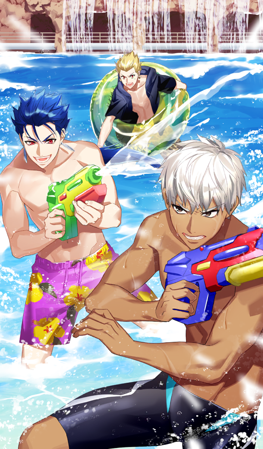 3boys archer_(fate) black_male_swimwear blonde_hair blue_hair blue_jacket brown_eyes clenched_teeth collarbone commentary cu_chulainn_(fate) cu_chulainn_(fate/stay_night) dark-skinned_male dark_skin drawstring earrings fate/grand_order fate_(series) floral_print fujiwara_ryo_(wsise47) gilgamesh_(fate) gold_earrings hair_between_eyes hair_slicked_back holding holding_water_gun hood hood_down hooded_jacket innertube jacket jammers jewelry long_hair low_ponytail male_focus male_swimwear multiple_boys official_alternate_costume official_art open_clothes open_jacket open_mouth pectorals pink_male_swimwear ponytail pool print_male_swimwear red_eyes short_hair small_sweatdrop splashing swim_ring swim_trunks teeth third-party_source toned toned_male topless_male two-handed v-shaped_eyebrows wading water water_gun waterpark wet white_hair yellow_male_swimwear