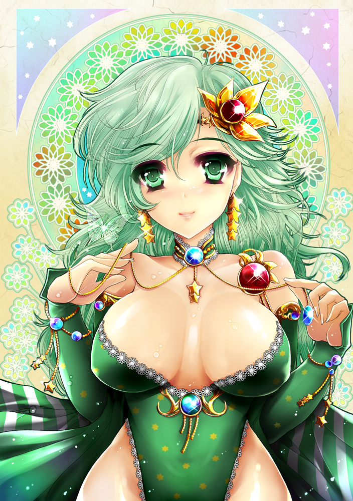 1990s_(style) 1girl art_nouveau bare_shoulders breasts choker detached_sleeves earrings female_focus final_fantasy final_fantasy_iv green_eyes green_hair hair_ornament jewelry large_breasts leotard light_smile long_hair lots_of_jewelry matching_hair/eyes retro_artstyle riria rydia_(ff4) solo