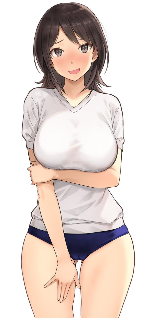1girl aged_up amagami arm_under_breasts blue_buruma blush breasts brown_eyes brown_hair buruma commentary embarrassed gluteal_fold gym_shirt gym_uniform highres holding_own_arm large_breasts long_hair looking_at_viewer open_mouth serizawa_(serizawaroom) shirt smile solo takahashi_maya white_background white_shirt