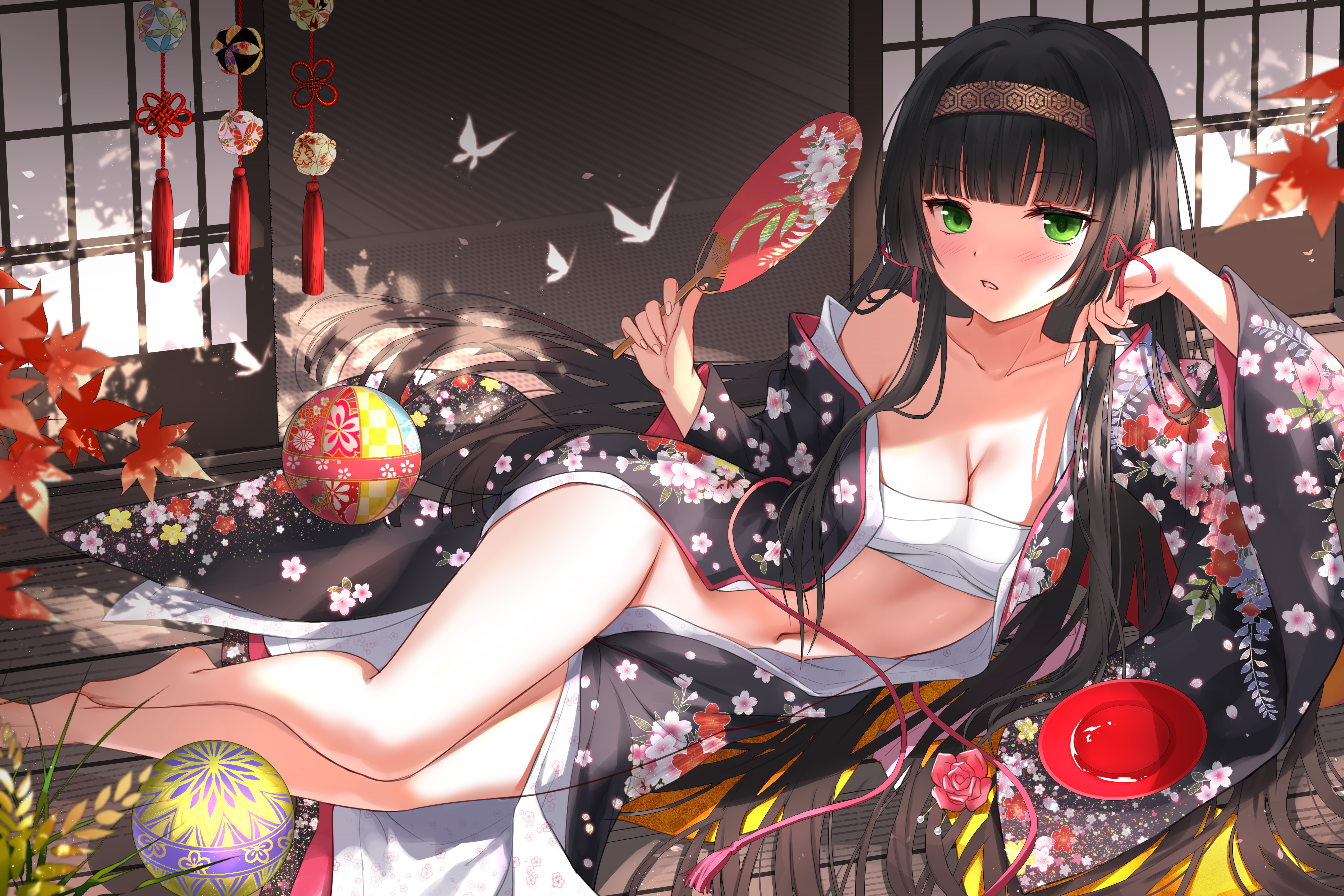 1girl absurdres autumn_leaves ball barefoot bishoujo_mangekyou:_kotowari_to_meikyuu_no_shoujo bishoujo_mangekyou_(series) black_hair black_kimono blunt_bangs blush bottomless breasts bug butterfly chest_sarashi commentary_request cup dappled_sunlight day devil_heavens falling_leaves feet fingernails floral_print floral_print_kimono flower gold_hairband green_eyes hair_ribbon hairband hand_fan head_rest highres holding holding_fan insect japanese_clothes kimono leaf long_fingernails long_hair looking_at_viewer lying medium_breasts navel off_shoulder on_side open_clothes open_kimono parted_lips print_kimono red_flower red_ribbon red_rose renge_(bishoujo_mangekyou) ribbon rose sakazuki sarashi shade shouji sliding_doors solo sunlight tassel tatami teeth temari_ball very_long_hair wooden_floor