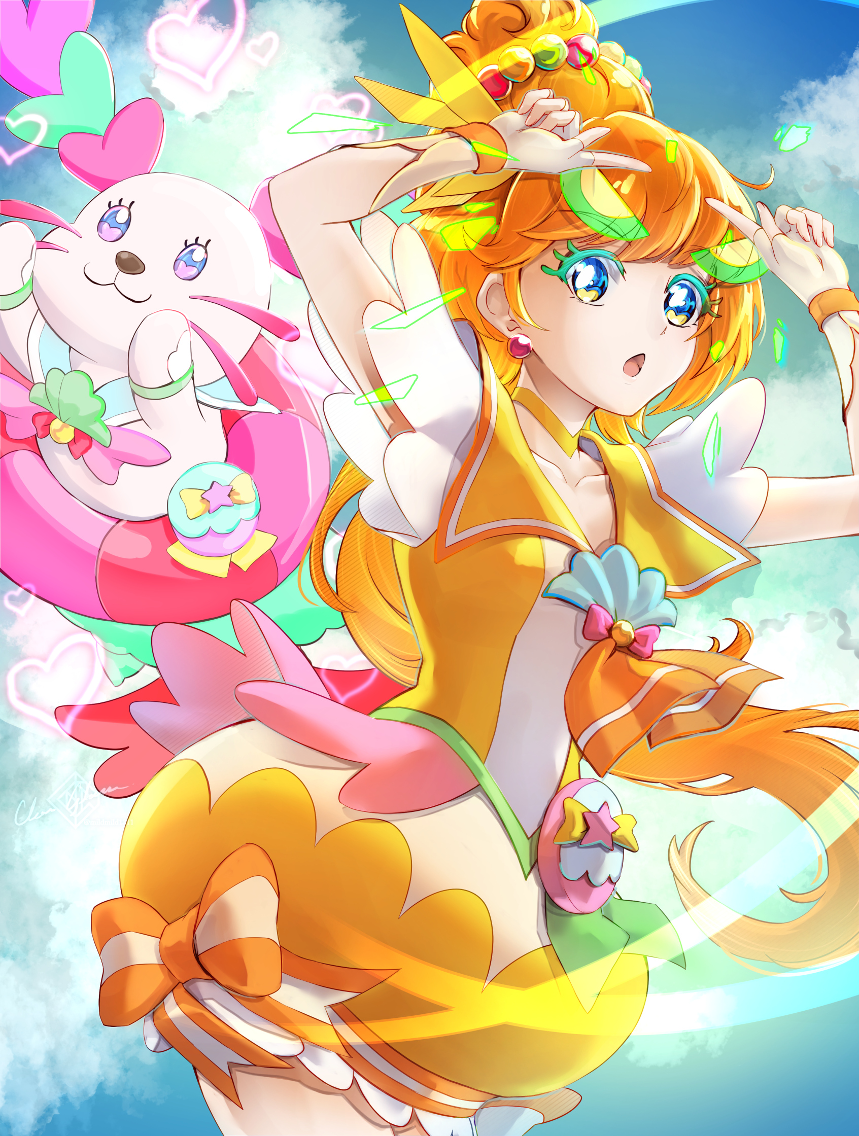 1girl blue_eyes blue_sky choker clear_glass_(mildmild1311) cloud cloudy_sky colored_eyelashes cowboy_shot cure_papaya day dress earrings eyelash_ornament fingerless_gloves gloves hair_ornament heart heart_in_eye highres ichinose_minori jewelry kururun_(precure) long_hair magical_girl mismatched_eyelashes open_mouth orange_hair precure sailor_collar sky smile symbol_in_eye thick_eyelashes tropical-rouge!_precure yellow_choker yellow_dress yellow_gloves yellow_sailor_collar