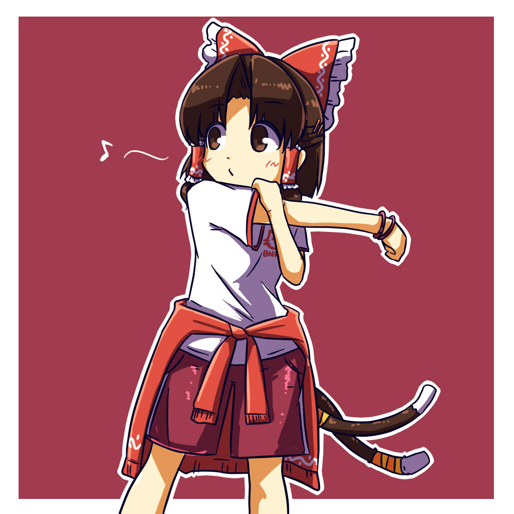 1girl alternate_costume bangle benikurage_(cookie) blush bow bracelet brown_eyes brown_hair cat_tail clothes_around_waist commentary_request cookie_(touhou) cowboy_shot cross-body_stretch frilled_bow frilled_hair_tubes frills hair_bow hair_tubes hakurei_reimu ikiume jewelry looking_afar looking_to_the_side multiple_tails musical_note parted_bangs red_background red_bow red_shorts shirt shirt_around_waist short_hair shorts sidelocks simple_background solo tail touhou two-tone_background two_tails whistling white_background white_shirt