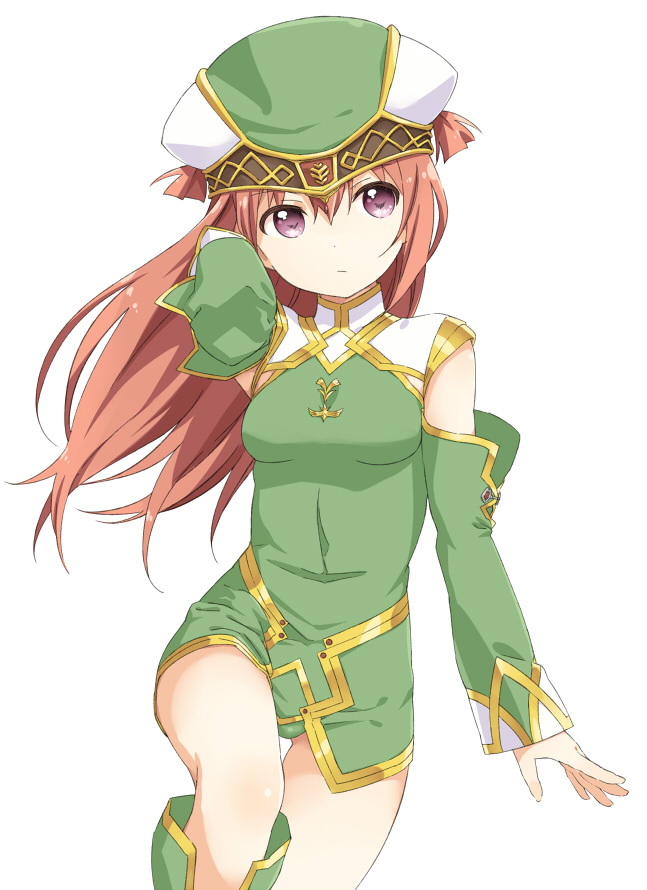 1girl boots bra brown_bra closed_mouth commentary_request covered_navel cowboy_shot detached_sleeves dress female_focus freya_(valkyrie_profile) green_boots green_hat green_sleeves hand_in_own_hair hat knee_boots ky_(nimbusky) leg_up long_hair looking_at_viewer microdress purple_eyes shikou_sakugo_(qqap9gt9k) simple_background sleeveless sleeveless_dress solo standing standing_on_one_leg underwear valkyrie_profile_(series) white_background