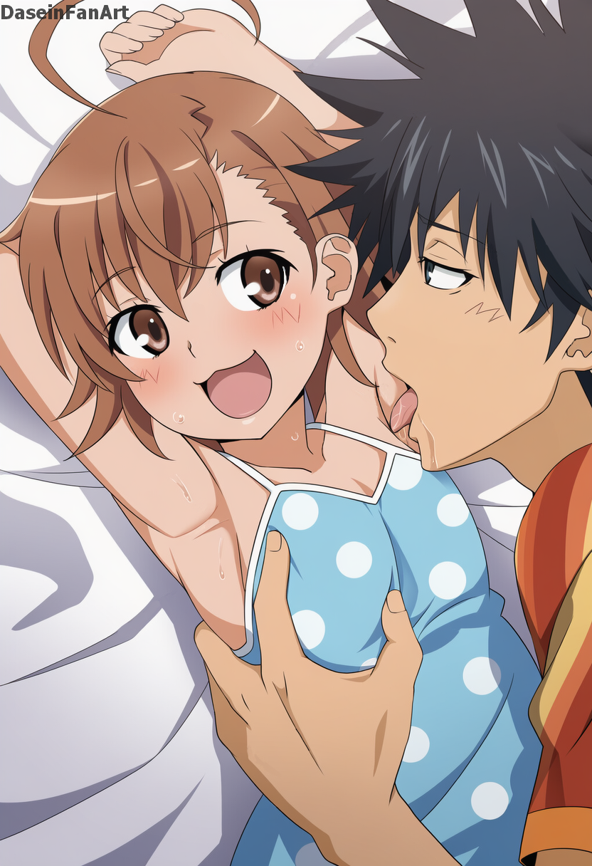 1boy 1girl ahoge arms_behind_head artist_name bed blush breasts brown_eyes brown_hair camisole cleavage grabbing_another&#039;s_breast groping highres kamijou_touma last_order_(toaru_majutsu_no_index) licking licking_armpit lying official_style open_mouth shirt short_hair small_breasts smile sweat toaru_kagaku_no_railgun toaru_majutsu_no_index tongue tongue_out