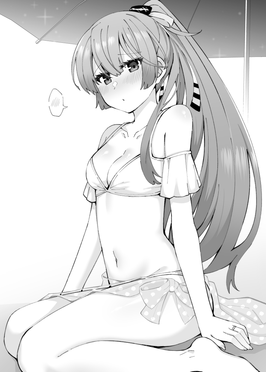 1girl barefoot bikini breasts cleavage detached_sleeves greyscale hair_ribbon highres kantai_collection kazagumo_(kancolle) kazagumo_kai_ni_(kancolle) kazagumo_kai_ni_(swimsuit)_(kancolle) long_hair monochrome navel official_alternate_costume ponytail ribbon rui_shi_(rayze_ray) sarong sitting small_breasts solo swimsuit wariza