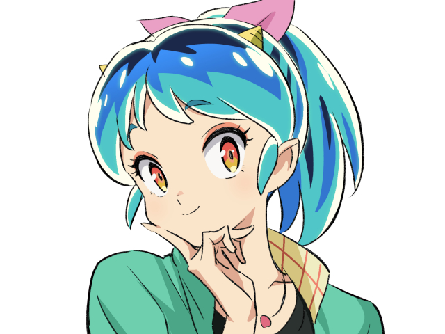 1girl alternate_costume alternate_hairstyle blue_hair closed_mouth commentary_request cone_horns green_jacket hand_on_own_chin hand_up horns jacket jewelry looking_at_viewer lum necklace pointy_ears ponytail short_hair simple_background smile solo upper_body urusei_yatsura white_background yoko.u