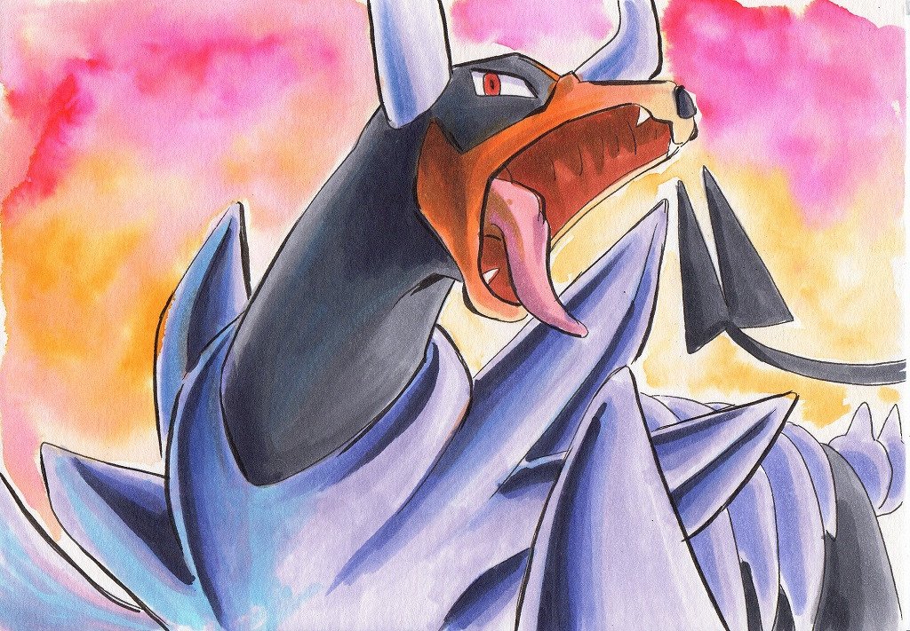 dog fangs gen_2_pokemon horns houndoom iwane_masaaki mega_houndoom mega_pokemon nintendo pokemon pokemon_(creature) pokemon_xy red_eyes solo tongue tongue_out