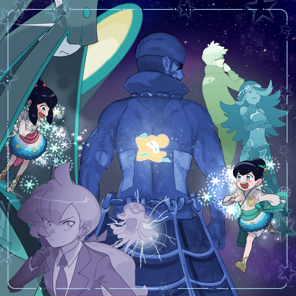3boys 3girls anabel_(pokemon) archie_(pokemon) blush bodysuit brother_and_sister celesteela closed_eyes crossed_arms earpiece gen_3_pokemon gen_7_pokemon gloves hair_over_one_eye jirachi legendary_pokemon liza_(pokemon) liza_(summer_2023)_(pokemon) molayne_(pokemon) multiple_boys multiple_girls mythical_pokemon necktie nihilego nintendo official_alternate_costume open_mouth pokemon pokemon_(creature) pokemon_masters_ex pokemon_oras pokemon_sm shelly_(pokemon) siblings smile sparkle star_(sky) star_(symbol) tate_(pokemon) tate_(summer_2023)_(pokemon) team_aqua tebukuro_tette twins ultra_beast wormhole