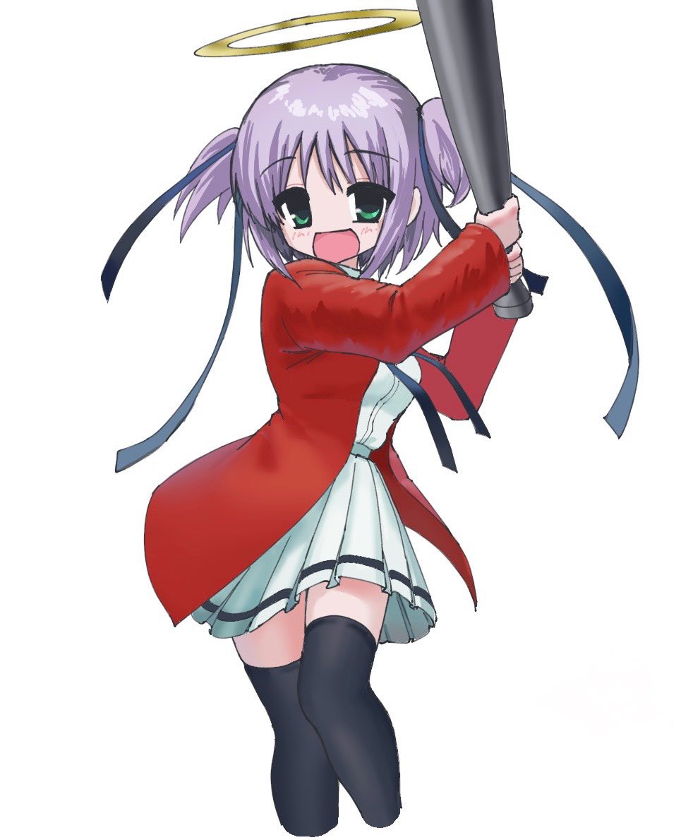 1girl black_thighhighs bokusatsu_tenshi_dokuro-chan club_(weapon) dress green_eyes hair_ribbon halo holding holding_club holding_weapon jacket kaimu_(adachi_rei) long_sleeves looking_at_viewer medium_hair mitsukai_dokuro neck_ribbon open_clothes open_jacket open_mouth pleated_dress purple_hair red_jacket ribbon short_dress simple_background solo thighhighs two_side_up weapon white_background white_dress zettai_ryouiki