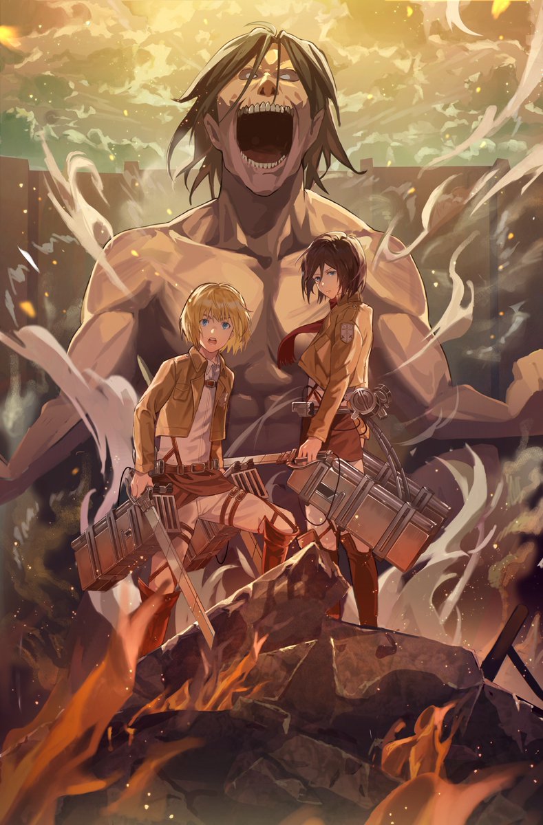 1girl 2boys armin_arlert black_hair blonde_hair blue_eyes bob_cut boots brown_boots brown_jacket cropped_jacket debris eren_yeager fire full_body grey_eyes hair_between_eyes highres holding holding_weapon jacket long_sleeves mikasa_ackerman multiple_boys open_mouth pants red_scarf rogue_titan scarf shingeki_no_kyojin shirt shirushi_06 short_hair standing steam three-dimensional_maneuver_gear titan_(shingeki_no_kyojin) topless_male weapon white_eyes white_pants white_shirt