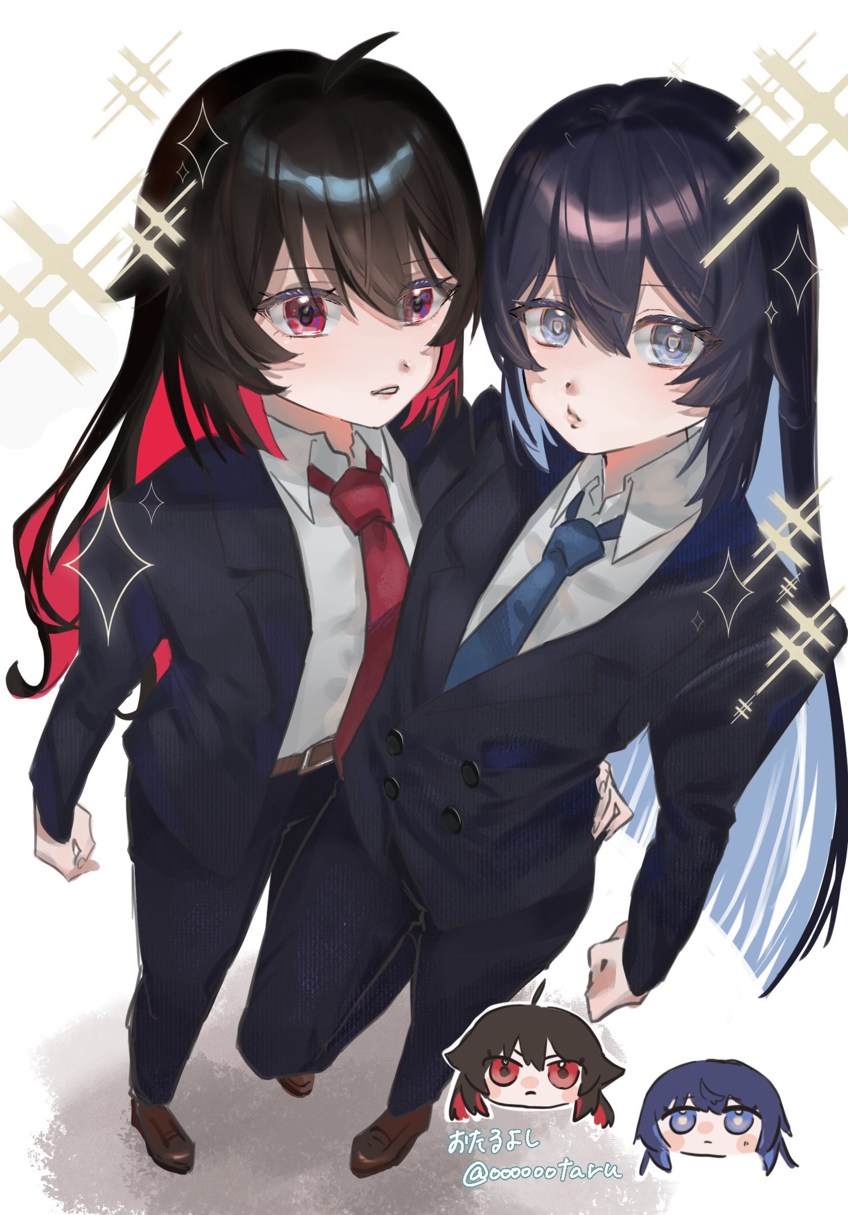 2girls ahoge belt black_jacket black_pants blue_eyes blue_hair blue_necktie collared_shirt dual_persona duoyun_de_tiankong formal_clothes full_body highres honkai_(series) honkai_impact_3rd jacket long_hair looking_at_viewer multiple_girls necktie pants red_eyes red_hair red_necktie seele_(alter_ego) seele_vollerei shirt simple_background standing white_background white_shirt