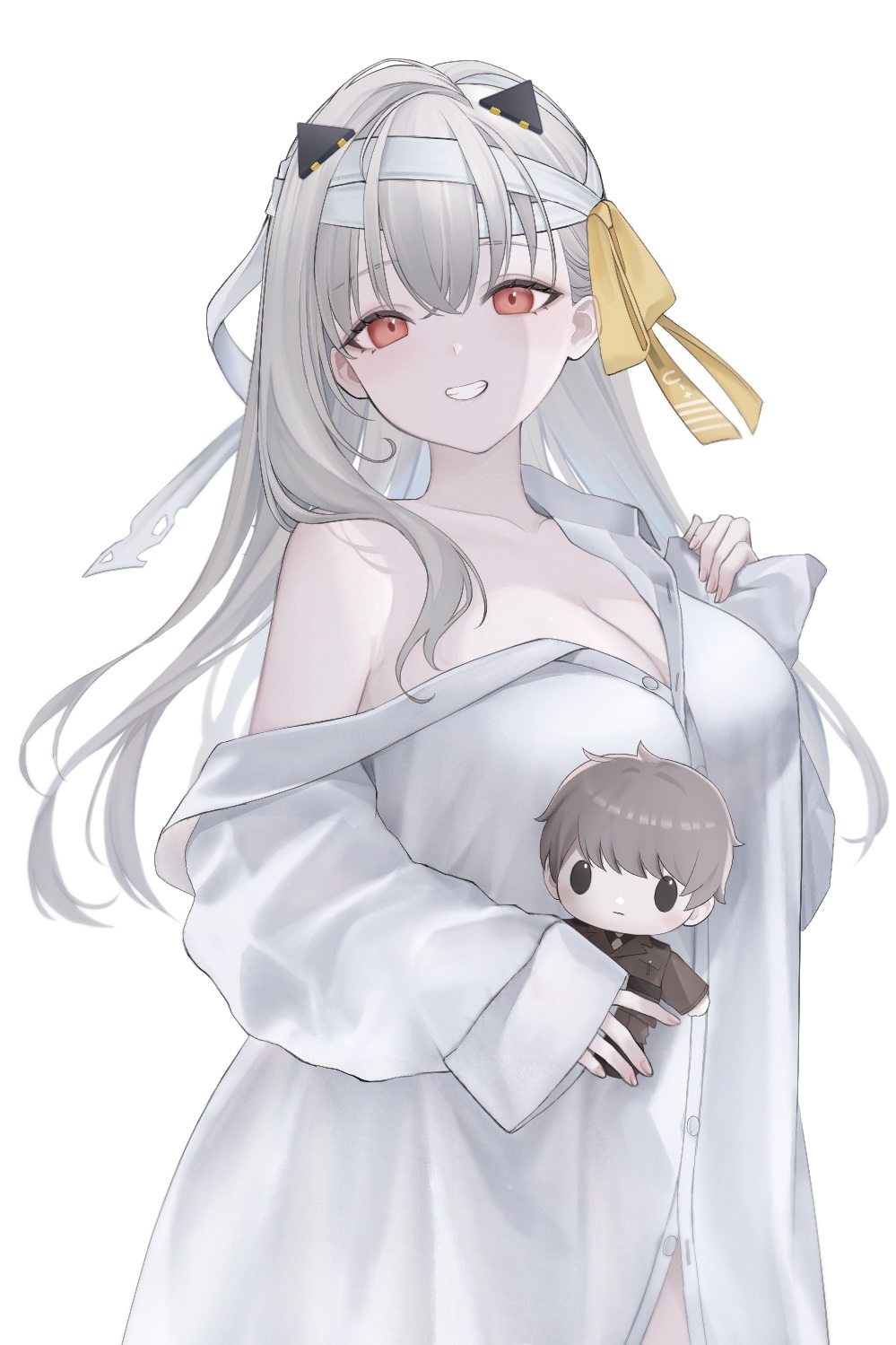 1girl bandaged_head bandages breasts character_doll cleavage collared_shirt commander_(nikke) commentary cowboy_shot doll dress_shirt goddess_of_victory:_nikke grey_hair grin hair_ribbon highres holding holding_doll large_breasts long_hair looking_at_viewer modernia_(first_affection)_(nikke) modernia_(nikke) naked_shirt official_alternate_costume oversized_clothes oversized_shirt partially_unbuttoned red_eyes ribbon shirt simple_background single_bare_shoulder single_hair_intake single_off_shoulder sleeves_past_wrists smile solo wata_owo white_background white_shirt wing_collar yellow_ribbon
