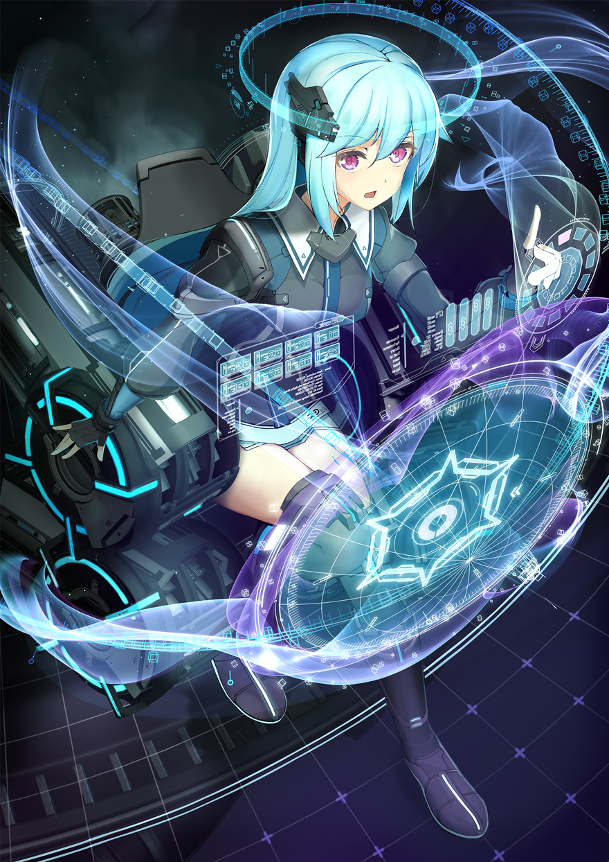 1girl arm_at_side black_footwear black_gloves black_legwear blue_hair breasts fingerless_gloves gloves hair_ornament highres holographic_interface long_hair looking_at_viewer mecha_musume medium_breasts open_mouth original radiosity_(yousei) sitting very_long_hair